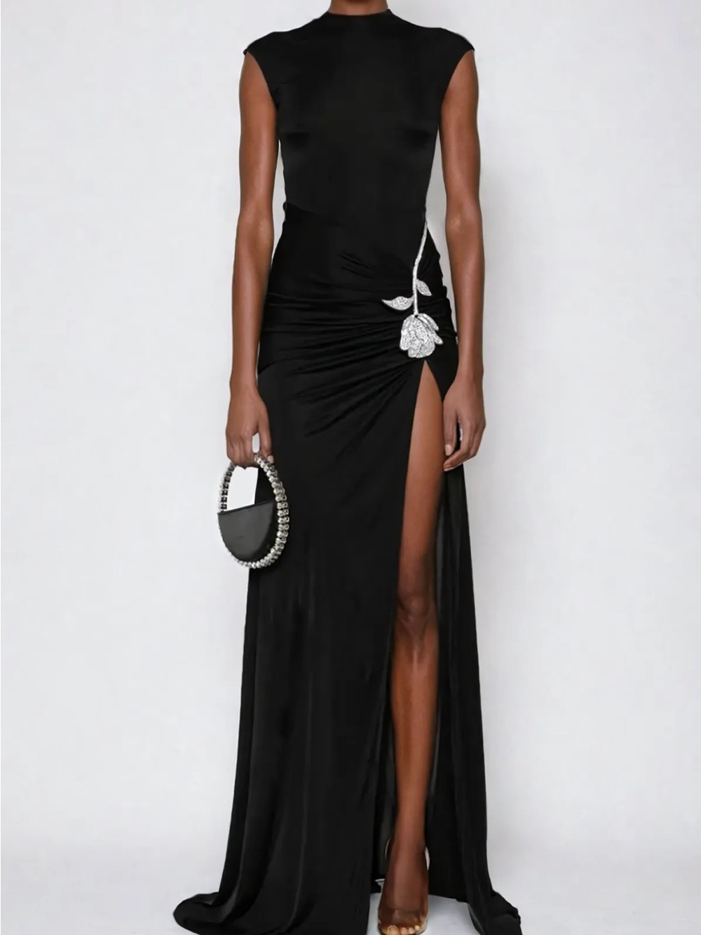 Black High-Slit Evening Gown with Embellished Floral Detail